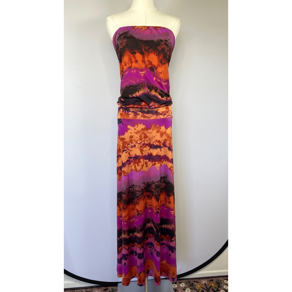 Veronica M Womens Strapless Tie Dye Maxi Dress L Stretch Boho Beach Hippie 70s